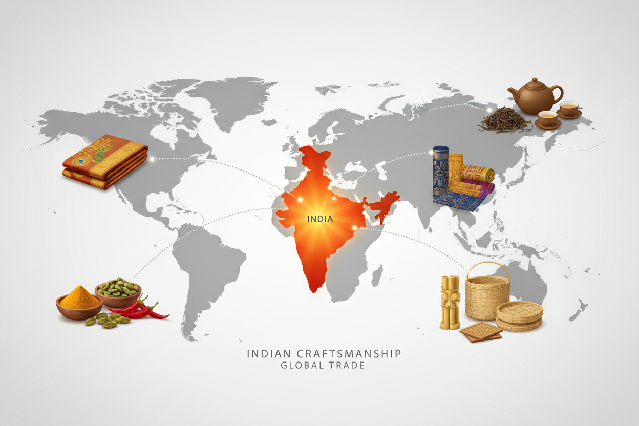 world Map showing India Higlighted and photos of all products on other countries which are sent from India